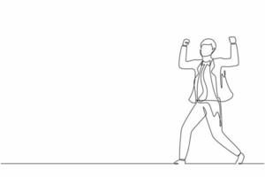 Single one line drawing happy businessman standing with raised his clenched hands. Male manager celebrating success of increasing company's product sales. Continuous line draw design graphic vector