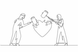 Continuous one line drawing angry Arab couple husband and wife using big hammer to hit broken heart shape. Marriage problem, divorce, violence in broken relationship. Single line design vector graphic