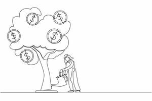 inversión empresarial árabe de dibujo de línea continua única con ilustración de árbol de dinero. hombre regando el árbol con monedas símbolos de dólar. desarrollo de negocios, crecimiento de ganancias. vector de diseño gráfico de una línea