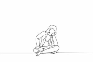 Single continuous line drawing businesswoman who is asking questions or is confused because she gets into problem. Running out of idea, daydreaming, sad, depressed. One line draw graphic design vector