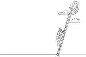 Single one line drawing robot rises up stairs to top of target. Achieving goal. Ladder sky. Future technology. Artificial intelligence and machine learning. Continuous line design vector illustration