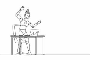 Single continuous line drawing robot stands in office with hand raised, computer celebrating success. Robotic artificial intelligence. Electronic technology. One line draw design vector illustration