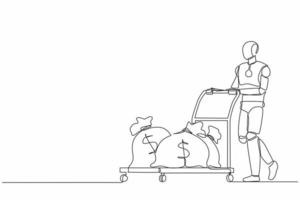 Single continuous line drawing robot push cart with money bags. Reward or profit. Modern robotic artificial intelligence. Electronic technology industry. One line graphic design vector illustration