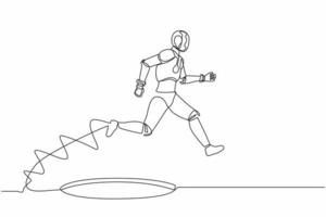Continuous one line drawing robot jumping through the hole, metaphor to facing big problem. Humanoid robot cybernetic organism. Robotic development. Single line draw design vector graphic illustration
