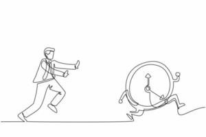 Single one line drawing stressed businessman chasing time or clock. Office worker being chased by work deadlines. Running out of time. Modern continuous line draw design graphic vector illustration