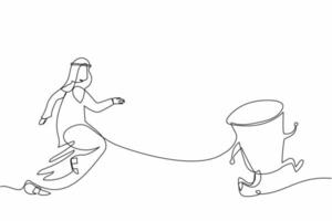 Single continuous line drawing Arab businessman run chasing paper cup. Resting time from work, talking with friends, thirsty, drink. Business metaphor. One line draw graphic design vector illustration