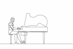 Single continuous line drawing robot sitting and playing grand piano on stage. Modern robotic artificial intelligence. Electronic technology industry. One line draw graphic design vector illustration