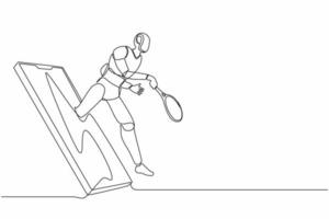 Single continuous line drawing robot come out from cellular phone and doing jump smash with badminton racket. Robotics artificial intelligence technology. Electronic technology. One line design vector