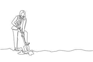 Single continuous line drawing businesswoman digging in dirt using shovel. Woman in blazer dig ground with spade. Business metaphor. Hard working process. One line graphic design vector illustration