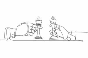 Single continuous line drawing robots hands holding king chess piece and the other hand too. Robotics artificial intelligence. Electronic technology industry. One line draw design vector illustration