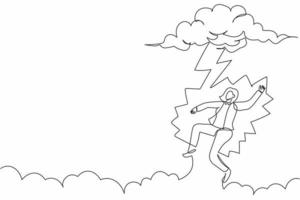 Single continuous line drawing unlucky businesswoman struck by lightning or thunder from cloud. Feel bad luck in business. Misery, disaster, risk, danger. One line graphic design vector illustration