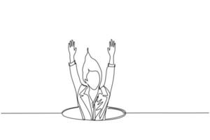 Continuous one line drawing businesswoman fell into manhole underground sewer. Female fell into sewage. Depressed and business failure concept. Metaphor. Defeat. Single line draw design vector graphic