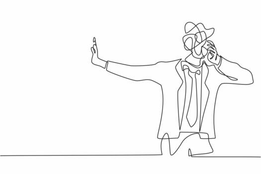 Continuous one line drawing businessman with round scribbles instead of head. Man stop gesture, male manager covering eyes with hand, sad, fear, expression. Single line draw design vector illustration