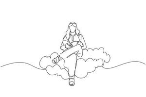 Continuous one line drawing Arab man sitting on cloud reading book. Businessman. Teacher. Lawyer. Marketer. Director. Chief. Financier. Higher education. Career growth. Single line draw design vector
