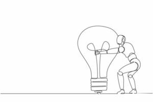 Single continuous line drawing robots hugging huge light bulb. Modern robotics artificial intelligence technology. Electronic technology industry. One line draw graphic design vector illustration