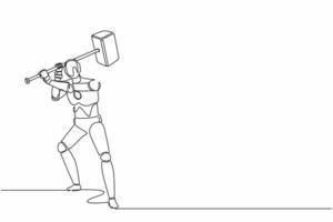 Continuous one line drawing robot standing and swinging big hammer gesture. Humanoid robot cybernetic organism. Future robotics development concept. Single line draw design vector graphic illustration