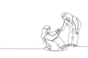 Continuous one line drawing Arabian businessman helping his friend by take him out from hole. Two men one of whom helps another. Business struggles. Single line draw design vector graphic illustration