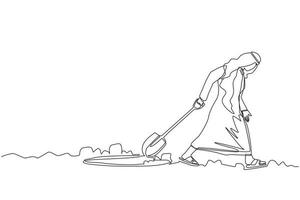 Single continuous line drawing Arab businessman walking unsteadily leaving hole dug dragging shovel. Man dig in tunnel trying to get to goal. He gave up and stopped trying. One line draw design vector