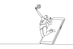 dibujo de una sola línea continua jugadora de voleibol profesional ejerciendo pico de salto saliendo de la pantalla del teléfono inteligente. aplicación de juego de voleibol en línea. ilustración de vector de diseño de dibujo de una línea