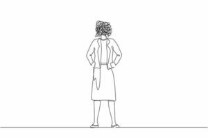 Single continuous line drawing businesswoman with round scribbles instead of head. Female manager standing and holding hand on hip. Office worker pose. One line draw graphic design vector illustration