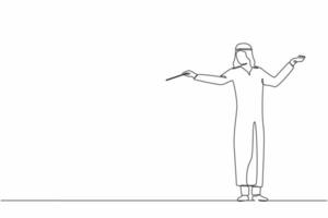 Continuous one line drawing Arab man music orchestra conductor. Male musician with arm gestures. Expressive conductor directs orchestra during performance. Single line draw design vector illustration