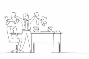 Single one line drawing happy businesswoman, company leader or office worker throwing documents in air, enjoying business success while sitting at workplace. Continuous line design vector illustration