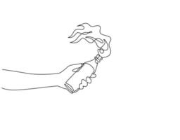 Single one line drawing hand holding molotov cocktail, handmade bomb from bottle glass in flame fire, anarchy demonstrator symbol icon. Modern continuous line draw design graphic vector illustration