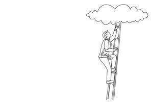 Continuous one line drawing businessman climbing up career ladder to cloud. Successful rising business development. Professional growth and promotion. Single line design vector graphic illustration