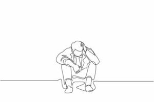 Single one line drawing businessman feeling sad, depression, holding head, and sitting on the floor. Frustrated worker mental health problems. Continuous line draw design graphic vector illustration