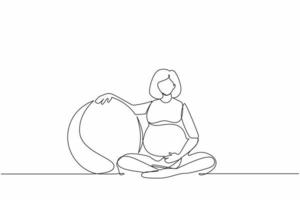 Single continuous line drawing beautiful pregnant woman exercising at home with pilates ball. Pregnant girl in sports suit with fitball. Healthy pregnancy. One line graphic design vector illustration