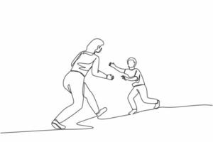 Single one line drawing boy running to mother. Cheerful boy running to hug his mother. Little son running to his mom who standing and waiting with open arms. Continuous line draw design graphic vector