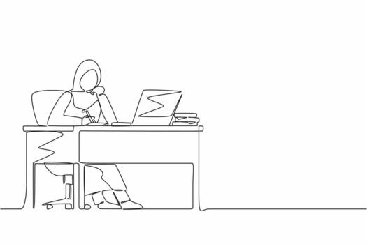 Continuous one line drawing Arabian businesswoman writing sitting in front of laptop at table. Female studying and writing in notebook, at desk in front of computer. Single line design vector graphic