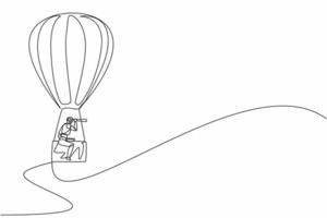 Single continuous line drawing robots with monocular, ride hot air balloon briefcase. Modern robotics artificial intelligence technology. Electronic technology industry. One line graphic design vector