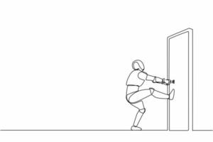 Single one line drawing robot pulling closed door knob with power. Future technology. Artificial intelligence and machine learning process. Continuous line draw design graphic vector illustration