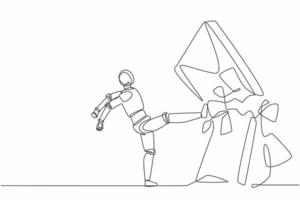 Continuous one line drawing robot doing kung fu or karate kick to destroy the brick wall. Humanoid robot cybernetic organism. Future robotic development. Single line design vector graphic illustration