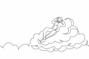 Continuous one line drawing happy successful businesswoman relaxing laying on clouds. Resting relaxation manager enjoy break time after office hour. Single line draw design vector graphic illustration