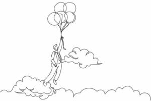 Single one line drawing businessman floating and holding flying balloon through cloud. Office worker reaches goal, target, find solution. Modern continuous line draw design graphic vector illustration