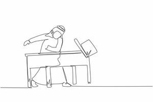 Continuous one line drawing frustrated and furious Arabian businessman is angry and throwing laptop. Bad workplace emotions. Man manager stress at work. Single line design vector graphic illustration