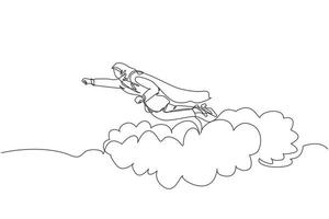 Continuous one line drawing Arabian businesswoman superhero flies up and leaves cloud of dust. Super worker in cloak takes off. Power and uniqueness business concept. Single line design vector graphic
