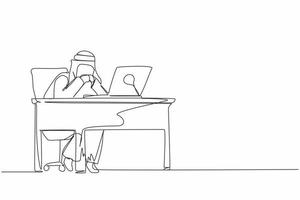 Single continuous line drawing pensive Arabic businessman working at laptop. Frustrated male in doubt with hand on chin gesture. Work at home office. Remote job, workplace. One line draw design vector