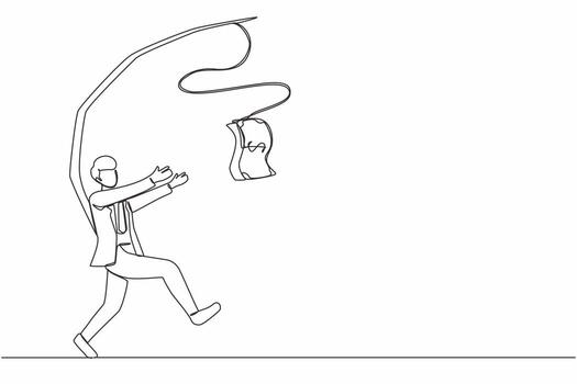 Single one line drawing greedy businessman or manager is running after money. Greedy man in business suit with attached rod and dollar. Modern continuous line draw design graphic vector illustration