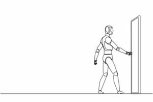 Single continuous line drawing robots holding door knob and enter work space. Modern robotics artificial intelligence technology. Electronic technology industry. One line draw graphic design vector