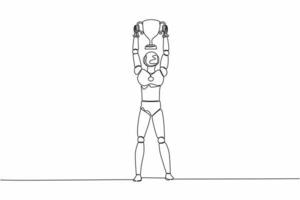 Continuous one line drawing robot holding trophy with two hands. Showing award celebrates his victory. Humanoid robot cybernetic organism. Future robotic. Single line draw design vector illustration