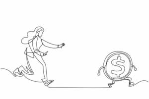 Single continuous line drawing businesswoman run chasing try to catch high performance attractive dollar coin. Chasing high performance active mutual fund. One line graphic design vector illustration
