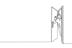 Continuous one line drawing Arabic businessman looking from behind open door. Man peeking of door and wave hands. Cheerful male standing in doorway. Single line draw design vector graphic illustration