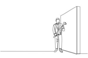 Single one line drawing businessman standing and holding big hammer while facing the wall. Goal achievement, business strategy. Successful overcoming of problems. Continuous line draw design vector