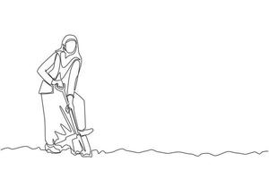 Single one line drawing Arabian businesswoman digging in dirt using shovel. Woman in hijab dig ground with spade. Business metaphor. Hard working process. Continuous line draw design graphic vector