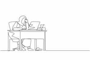 una sola línea continua dibujando a una empleada llorando mientras se limpia las lágrimas con un pañuelo y mira la laptop. mujer árabe trabajando horas extras en la oficina. ilustración de vector de diseño gráfico de dibujo de una línea