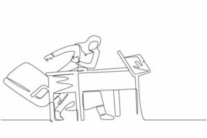 Single continuous line drawing frustrated and furious young Arabian businesswoman is angry and throwing laptop. Bad workplace emotions. Stress at work. One line draw graphic design vector illustration