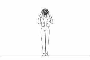 Single continuous line drawing businesswoman with round scribbles instead of head. Confused female manager standing and showing thumbs up positive gesture with hand. One line graphic design vector